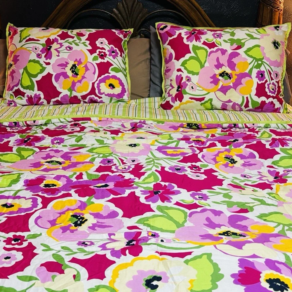 Tommy Hilfiger Somerville Full/Queen Duvet Comforter + 2 Shams Pink Green Floral